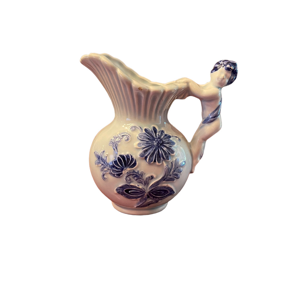 Vintage Small Pitcher Made In Japan Unbranded Floral Little Boy Angel Handle 6"‎